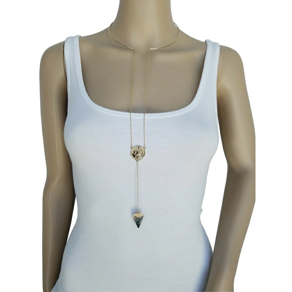 Coin and Stone Black and Gold Pendant Necklace